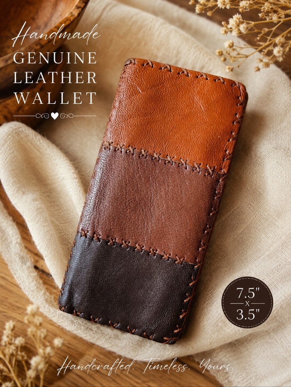 Handmade Genuine Leather Wallet – Artisan Crafted – Tri-Tone Brown Leather